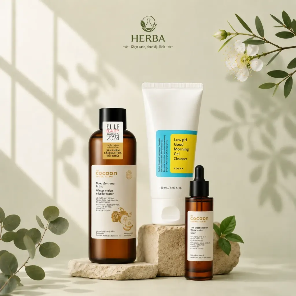 Bộ chăm sóc da mụn Acne Care Daily Set Cocoon bí đao + SRM Cosrx + serum giảm mụn