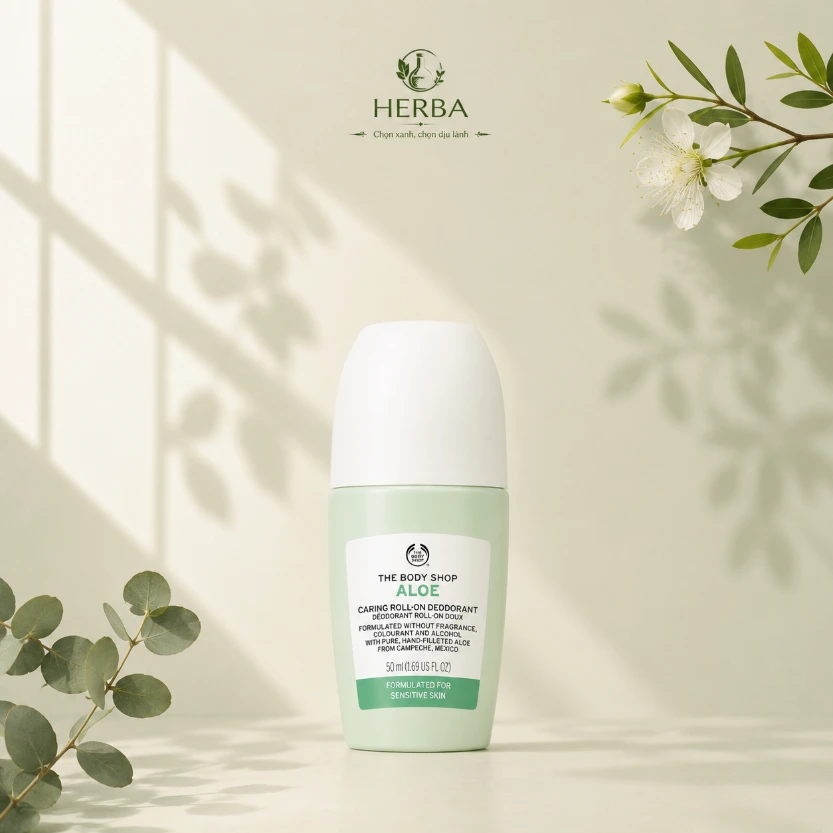 Lăn khử mùi The Body Shop Aloe Caring Roll On Deodorant nha đam bảo vệ da nhạy cảm 24 giờ 50ml