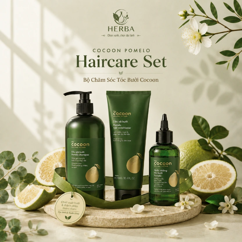 Bộ chăm sóc tóc Cocoon Pomelo Haircare Set dầu gội bưởi + dầu xả bưởi + tinh chất dưỡng tóc bưởi
