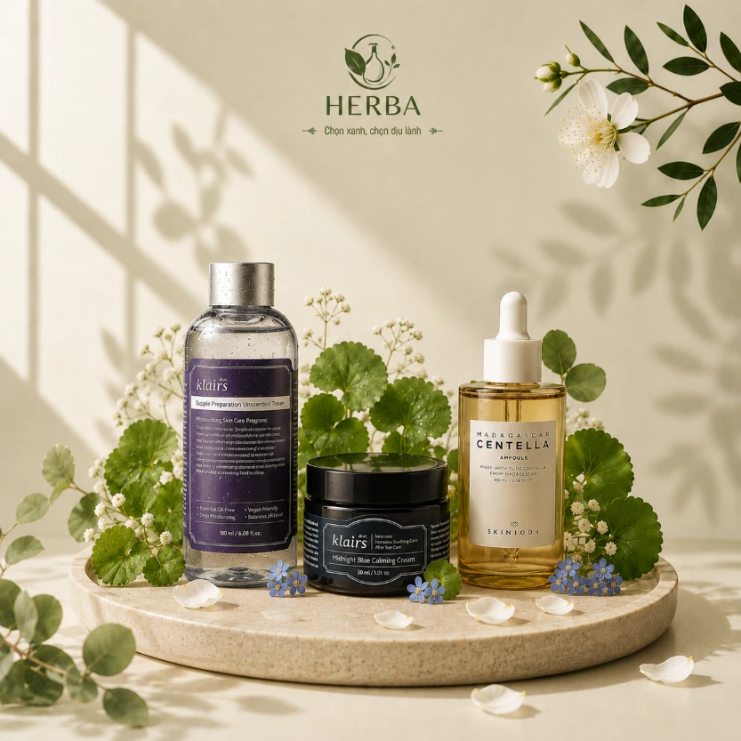 Bộ làm dịu phục hồi da Calming & Recovery Set Klairs + Skin1004 rau má + kem dưỡng Midnight Blue